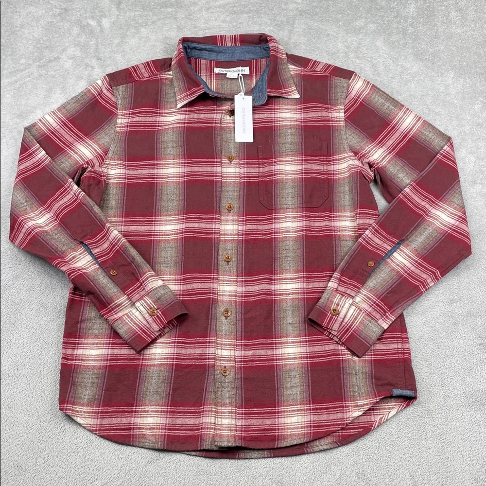 NEW Outerknown M 100% Organic Cotton Flannel Men's Red Pink‎ Plaid Shirt